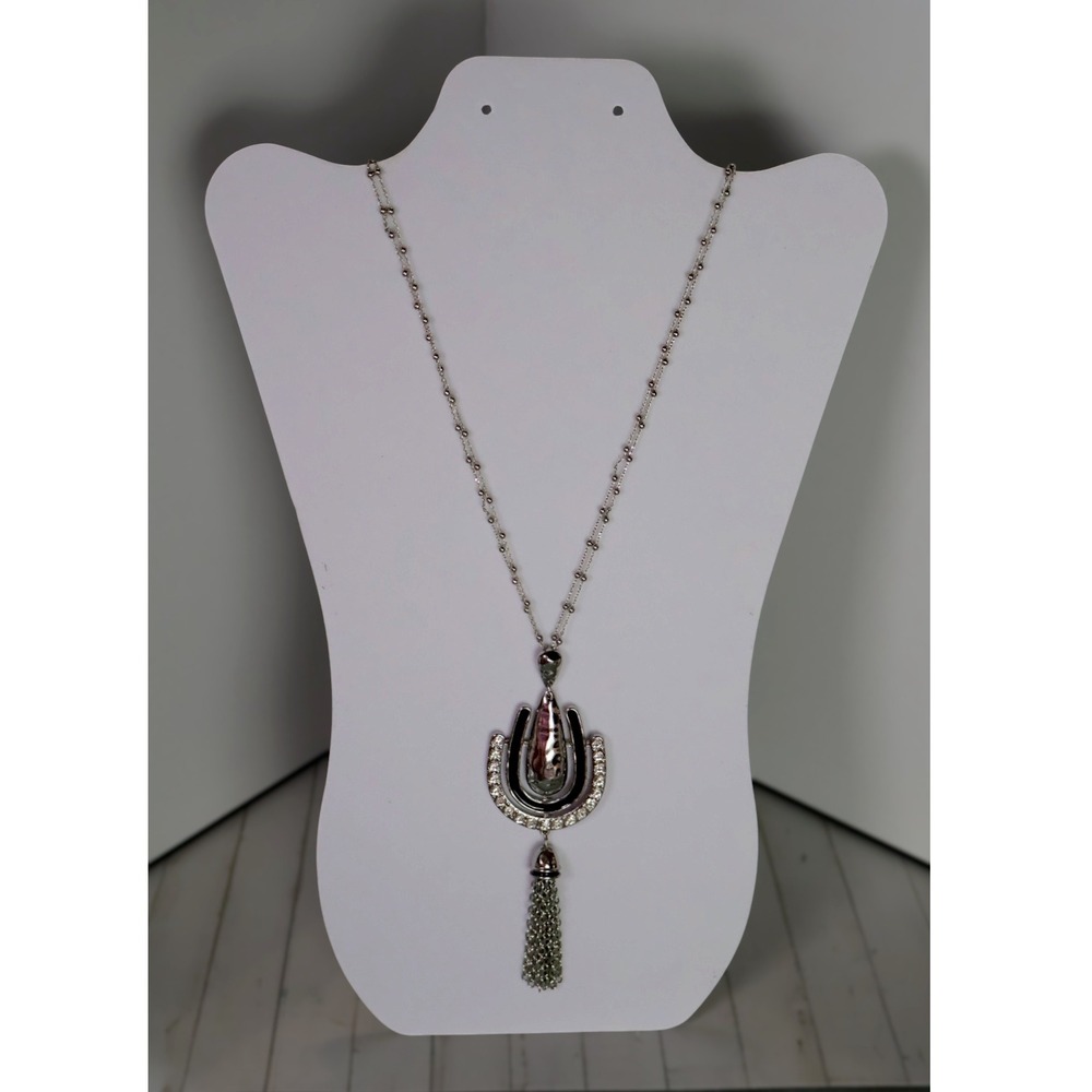 Chico's Long Silver Chain Horseshoe Black Enamel Crystal Tassel Pendant Necklace